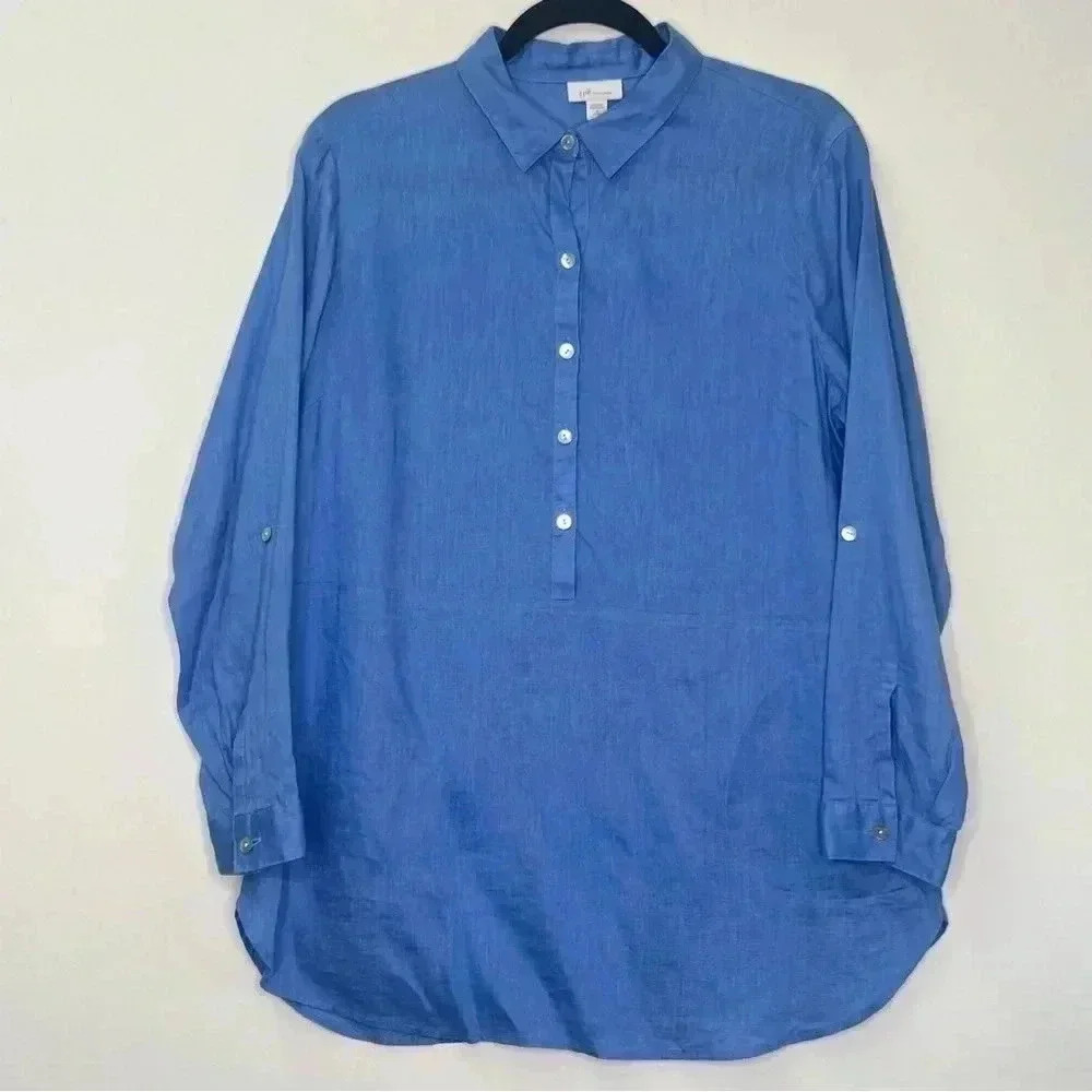 J. Jill Love Linen Roll Sleeves Pockets Lagenlook‎ Beach Tunic Shirt Sz MP